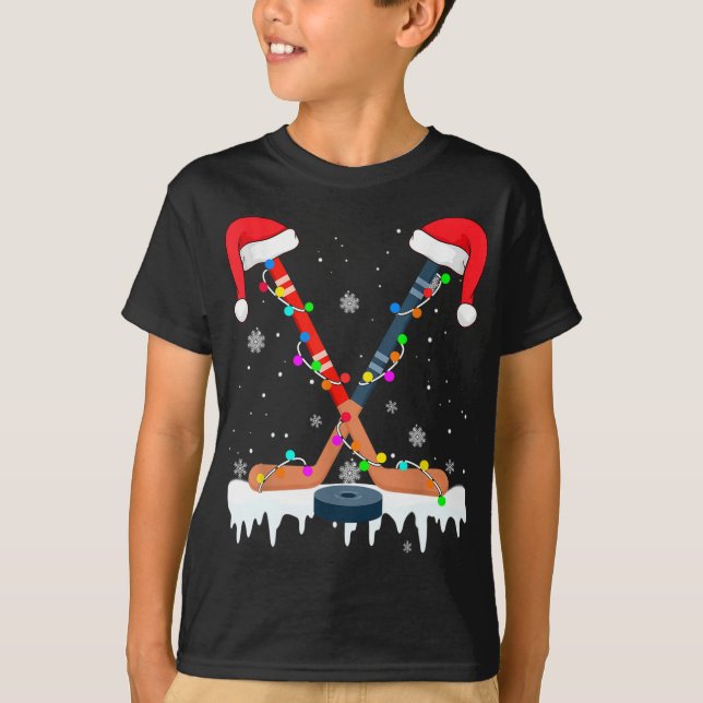 Hockey Santa Hat jul Ljus Funny Sport Julafton T Shirt (Framsida)