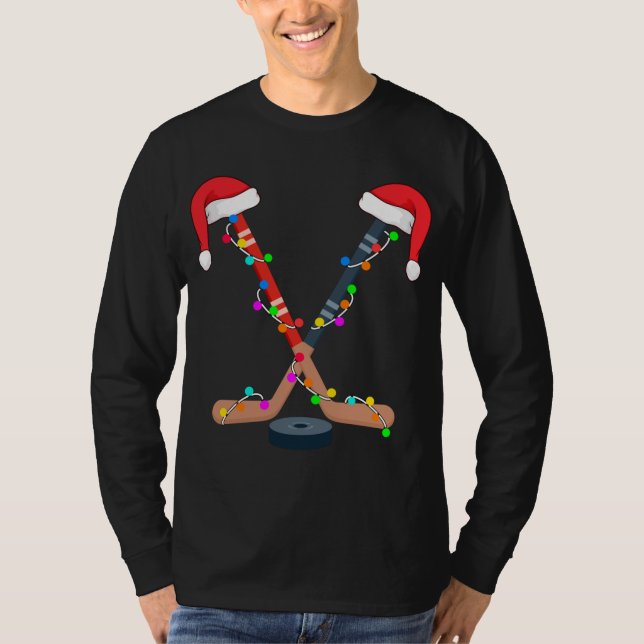 Hockey Santa Hat jul Ljus Funny Sport Julafton T Shirt (Framsida)