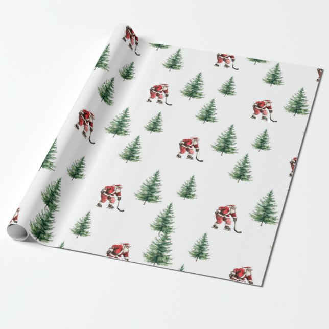 Hockey Santa och Gräs Träd, julafton Wrapping Presentpapper (Utrullad)