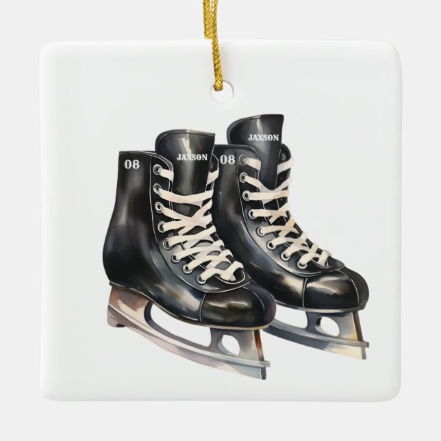 Hockey skate personlig namn och nummer julgransprydnad keramik (Framsida)