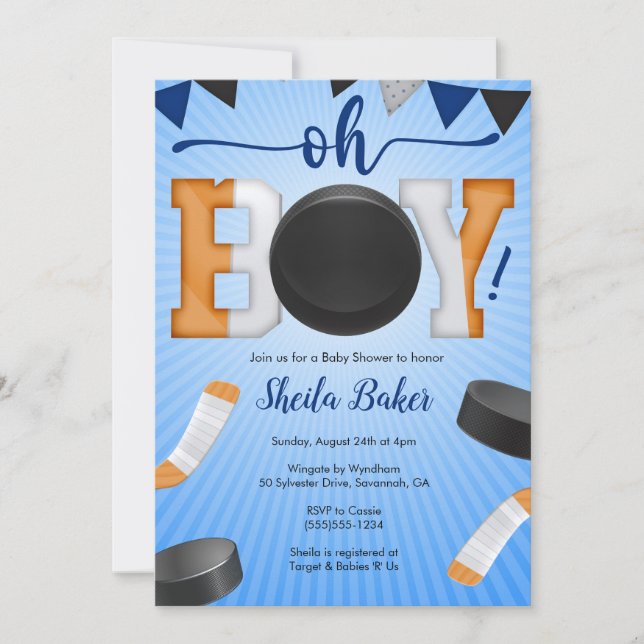 Hockey Sports Baby Shower-inbjudan - Oh Boy Inbjudningar (Framsida)