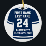 Hockey Sports Jersey Julgransprydnad Keramik<br><div class="desc">Mörk blått färg, Replikera sporttröjan med din superstjärniga idrottsmans namn, nummer och team. Underbar för fotbollslag, fotbollsspelare eller hockeyidrottsman! Lägg till texten längst fram på den här personligen under sportsej Jul, Helgdag eller Automatisk prydnad för bilar. Med t-shirt-jersey-form, med blockvarians på framsidan med ditt namn, nummer och personlig/team (eller annat...</div>