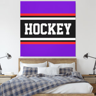 HOCKEY Sporty Lila Svart Röd Vit Randig Canvastryck