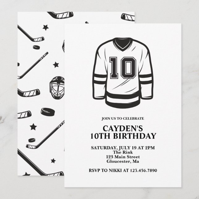 Hockey svart och vit 10-årsdag inbjudningar (Fram/baksida)