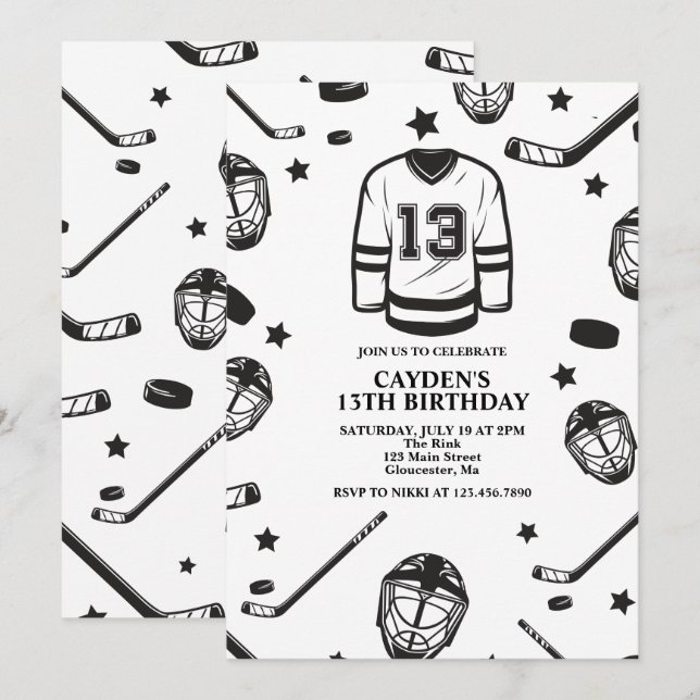 Hockey svart och vit 13-årsdag inbjudningar (Fram/baksida)