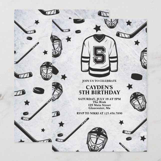 Hockey svart och vit 5-årsdag inbjudningar (Fram/baksida)