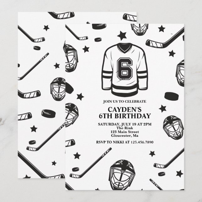 Hockey svart och vit 6-årsdag inbjudningar (Fram/baksida)