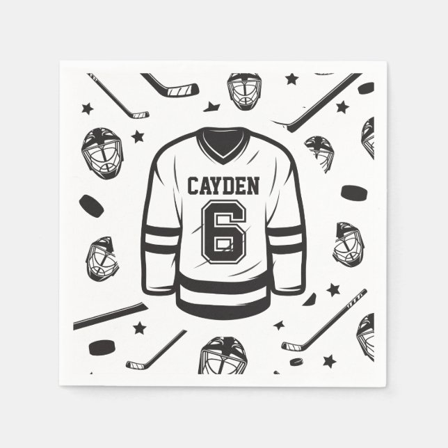 Hockey svart och vit 6-årsdag pappersservett (Framsidan)