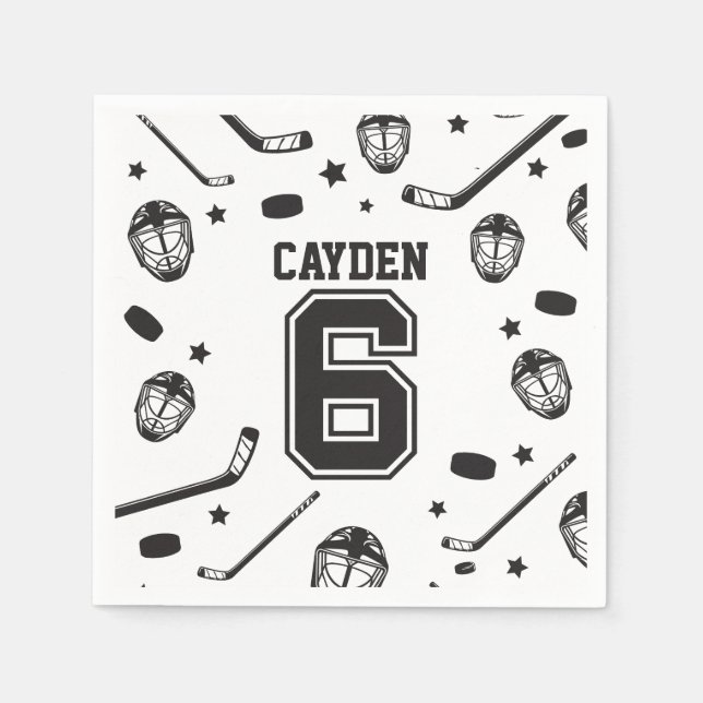 Hockey svart och vit 6-årsdag pappersservett (Framsidan)