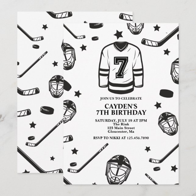Hockey svart och vit 7-års födelsedag inbjudningar (Fram/baksida)