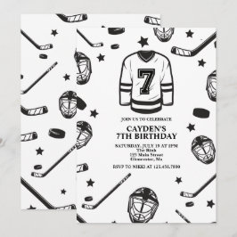 Hockey svart och vit 7-års födelsedag inbjudningar