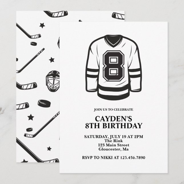 Hockey svart och vit 8-årsdag inbjudningar (Fram/baksida)