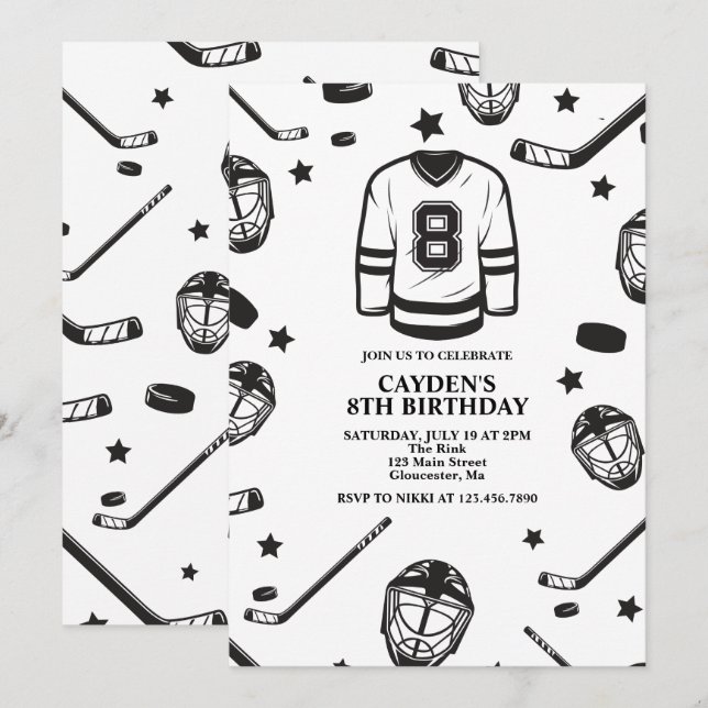 Hockey svart och vit 8-årsdag inbjudningar (Fram/baksida)