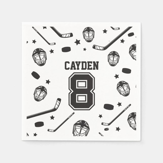 Hockey svart och vit 8-årsdag pappersservett (Framsidan)