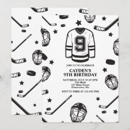 Hockey svart och vit 9-årsdag inbjudningar
