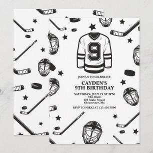 Hockey svart och vit 9-årsdag inbjudningar