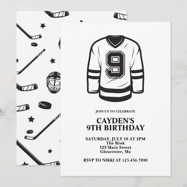 Hockey svart och vit 9-årsdag inbjudningar (Fram/baksida)