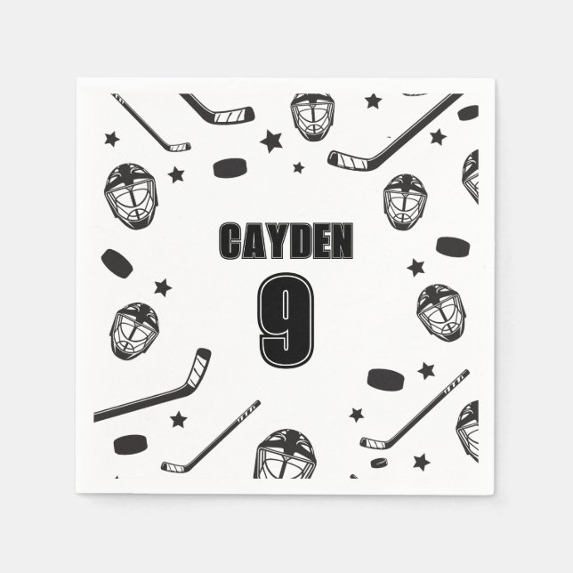 Hockey svart och vit födelsedag pappersservett (Framsidan)
