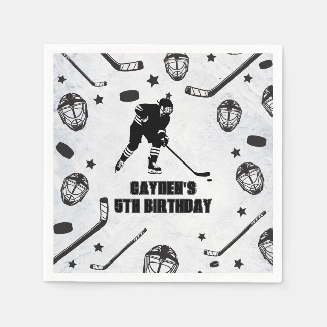 Hockey svart och vit födelsedag pappersservett (Framsidan)