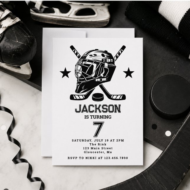Hockey svart och vit temad barnkalas inbjudningar (Hockey black and White Themed Kids Birthday Party Invitation)