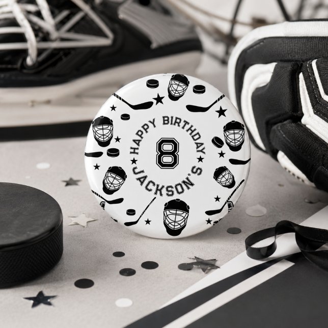 Hockey svart och vit temad barnkalas knapp (Hockey black and White Themed Kids Birthday Party Button)