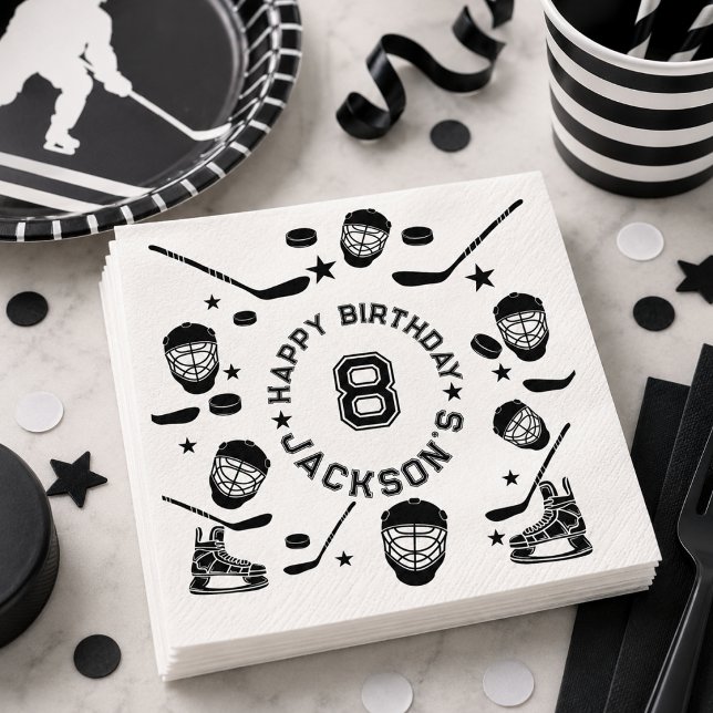 Hockey svart och vit temad barnkalas pappersservett (Hockey black and White Themed Kids Birthday Party Napkins)