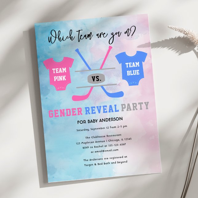 Hockey Team Blue vs Team Rosa Gender Reveal Inbjudningar (Hockey Team Blue vs Team Pink Gender Reveal Invitation)