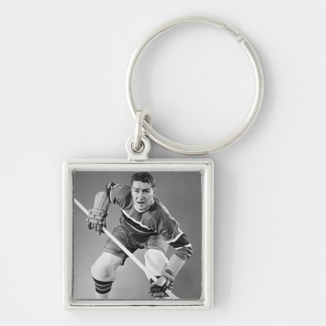 HockeyDefenseman Fyrkantig Silverfärgad Nyckelring (Framsidan)