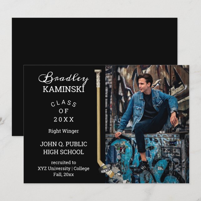 Hockeyspelare Idrotts Examen Foto Annonsering Inbjudningar (Fram/baksida)