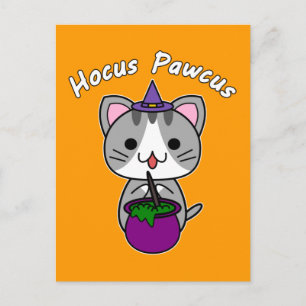 Hocus Pawcus - Grå marmorerad katt - Vit text Helg Vykort