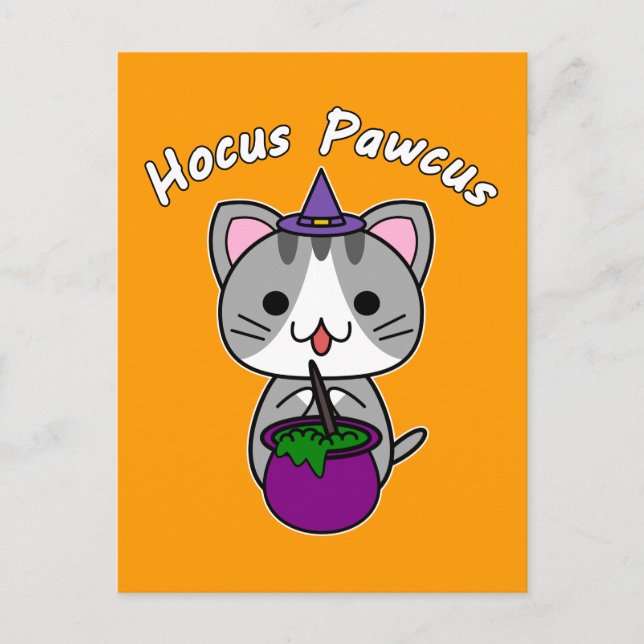 Hocus Pawcus - Grå marmorerad katt - Vit text Helg Vykort (Framsida)