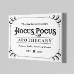 Hocus Pocus Apothecary Black and White Halloween Canvastryck<br><div class="desc">Välkomna gästerna med den här roligten Halloween canvas-väggkonsten. snyggtens typografi har formuleringen "Sanderson Sisters Hocus Pocus Apothecary - Potions,  Spådomars,  Elixers & Tonics". Den svarta och vita designen accentueras med scrollsar,  en shull och korsben och stjärna inslag.</div>