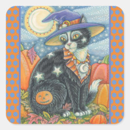HOCUS POCUS BLACK CAT WITCH, HALLOWEEN STICKERS FYRKANTIGT KLISTERMÄRKE