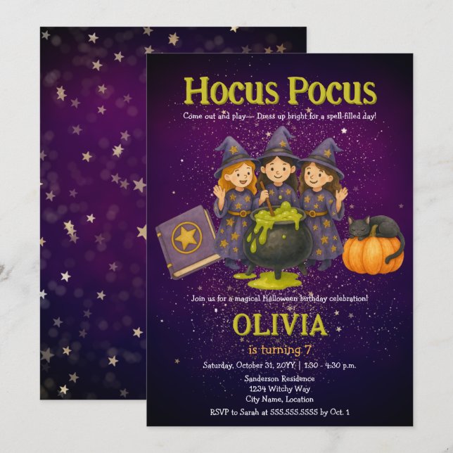 Hocus Pocus Halloween Födelsedagsfest Inbjudningar (Fram/baksida)