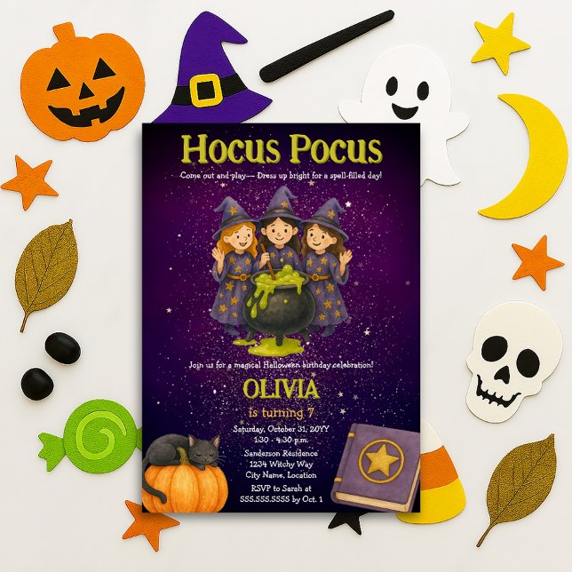 Hocus Pocus Halloween Födelsedagsfest Inbjudningar (Hocus Pocus kids birthday / Halloween party invitation front)