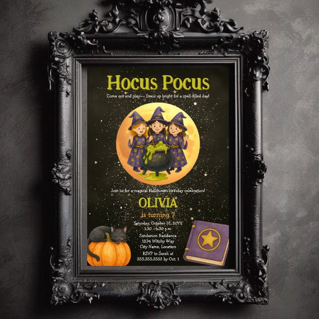 Hocus Pocus Halloween Födelsedagsfest Inbjudningar (Three witches Hocus Pocus child's costume Halloween birthday party invitation)