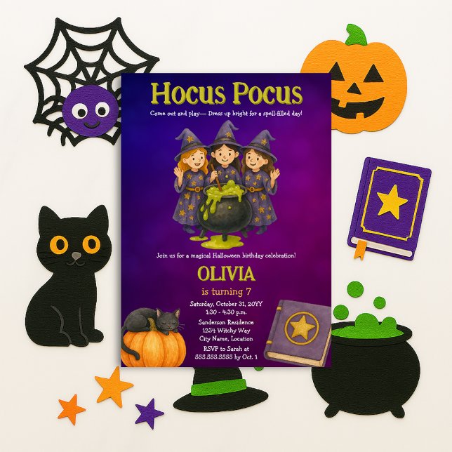 Hocus Pocus Halloween Födelsedagsfest Inbjudningar (Three little witches Hocus Pocus Halloween birthday party invite)