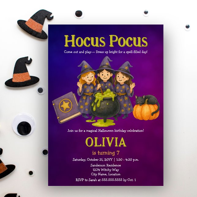 Hocus Pocus Halloween Födelsedagsfest Inbjudningar (Cut little witches October Halloween birthday costume party invitation)