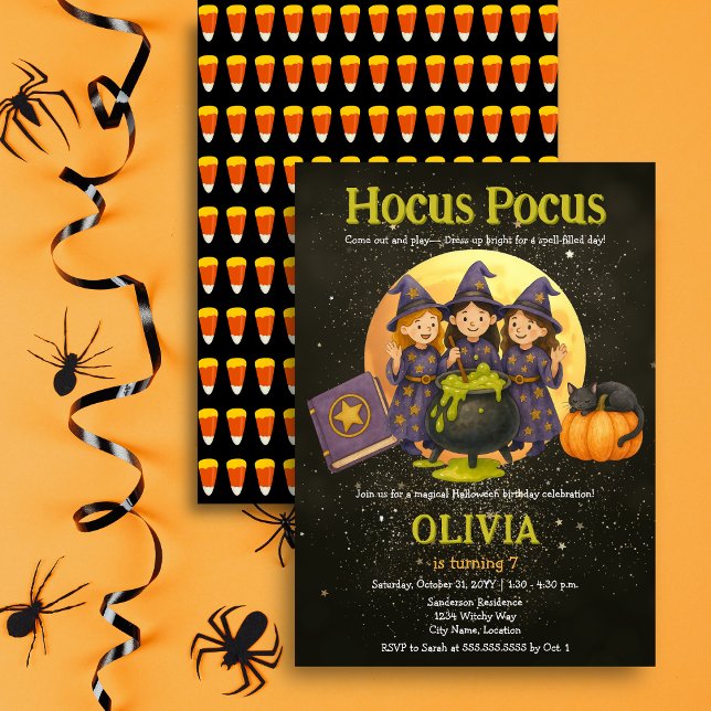 Hocus Pocus Halloween Födelsedagsfest Inbjudningar (Hocus Pocus three little witches Halloween birthday party invitation in situ.)