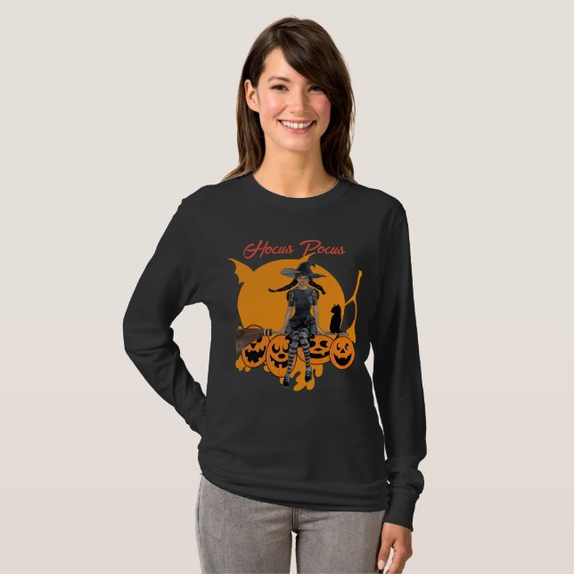 Hocus Pocus Halloween Witch Cat Jack o lantern Rol T Shirt (Hel framsida)