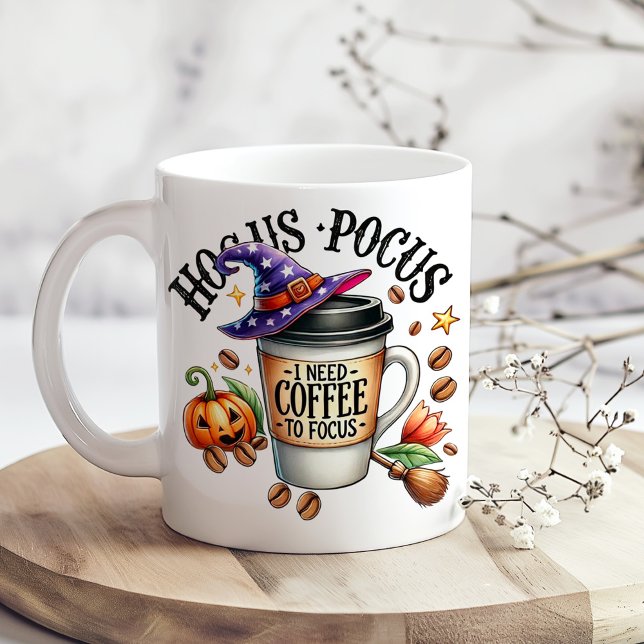 "Hocus Pocus I Need Coffee to Focus" Jumbo Mugg ("Hocus Pocus I Need Coffee to Focus" Giant Coffee Mug on a boho kitchen table with tiny dry flowers)