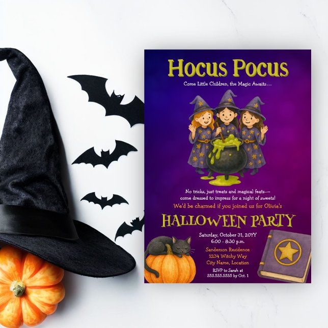 Hocus Pocus Kids Halloween fest Inbjudningar (Fun witches Halloween costume party invitation for kids)