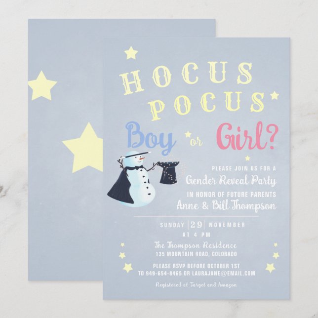 Hocus Pocus Magic Snögubbe Winter Gender Reveal Inbjudningar (Fram/baksida)