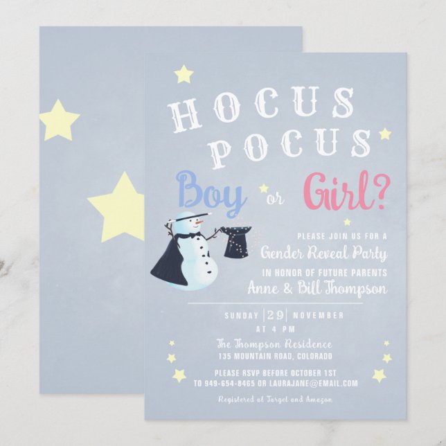 Hocus Pocus Magic Snögubbe Winter Gender Reveal Inbjudningar (Fram/baksida)