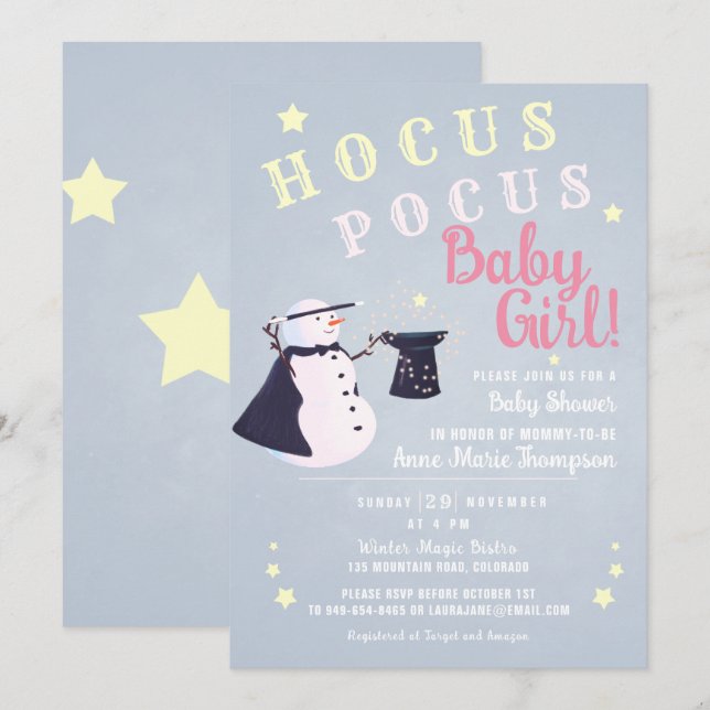Hocus Pocus Magic Snögubbe Winter Girl Baby Shower Inbjudningar (Fram/baksida)