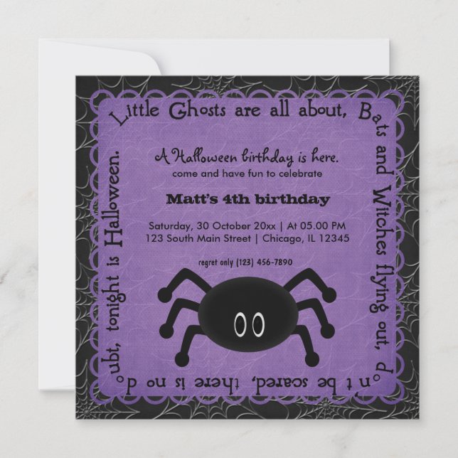 Hocus Pocus Spider Birthday (Lila) Inbjudningar (Framsida)
