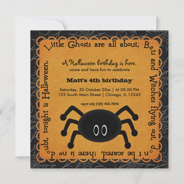 Hocus Pocus Spider Birthday (Orange) Inbjudningar (Framsida)
