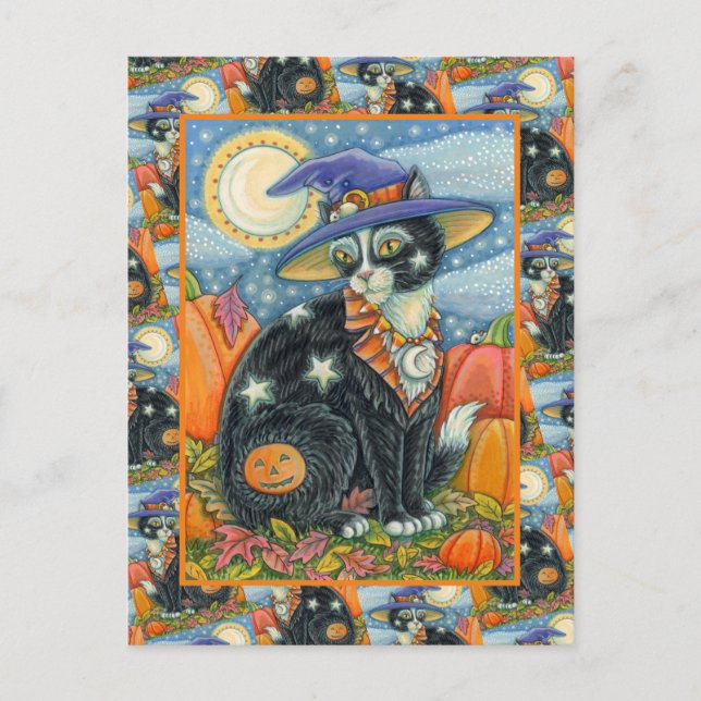 HOCUS POCUS SVART KATT HÄXA & MUS HALLOWEEN HELG VYKORT (Framsida)
