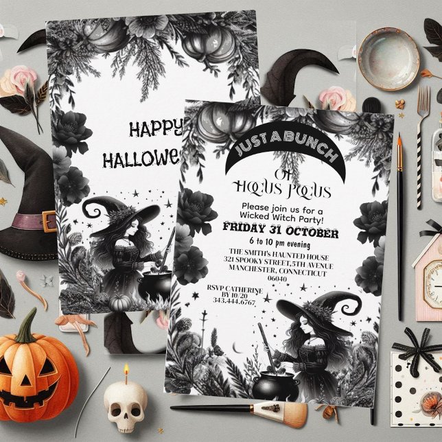 Hocus Pocus Wicked Witch Party Gothic Script Black Inbjudningar (Hocus Pocus Wicked Witch Party Gothic Script Black Invitation)
