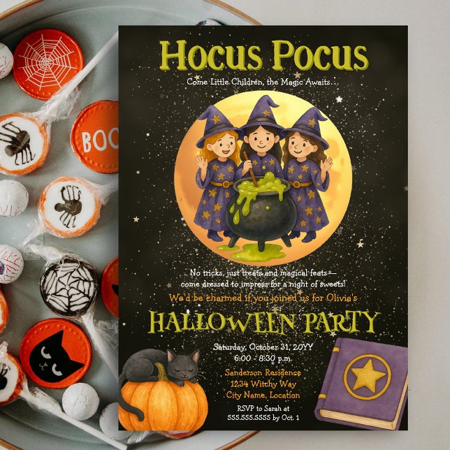 Hocus Pocus Witchy Kids Halloween fest Inbjudningar (Hocus Pocus three young witches Halloween Party invite)